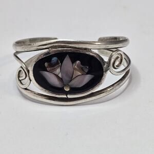 Vintage Mexican Alpaca Abalone Flower Cuff Bracelet small Handmade 1988 Acapulco